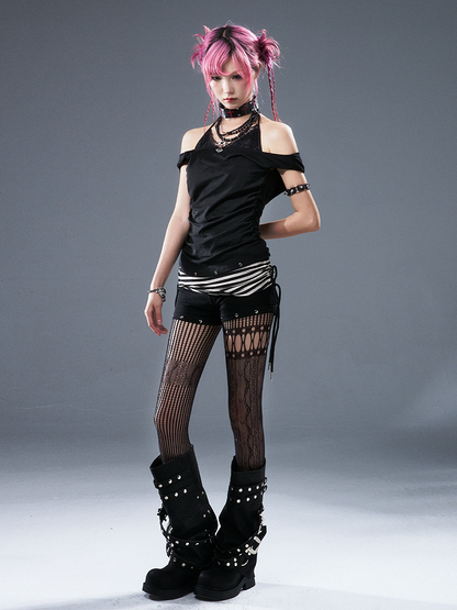 Punk with Shorts BlackWhite Studs Kint Striped Details Drawstring