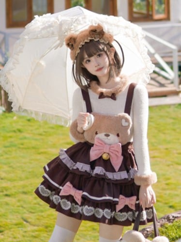 Patch Bear Overall Brown Sweet Skirt Tiered Detachable with