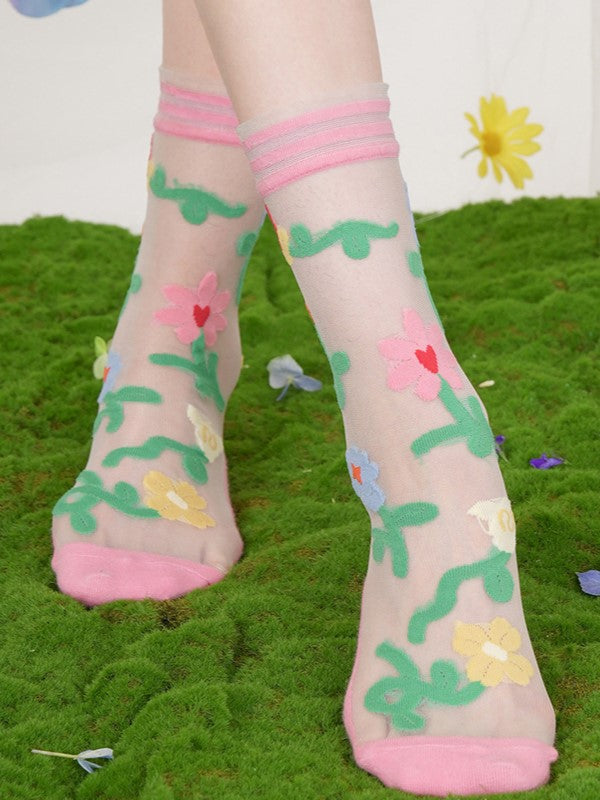 Floral Calf Semi-sheer Socks Pattern Pink/Blue/Beige