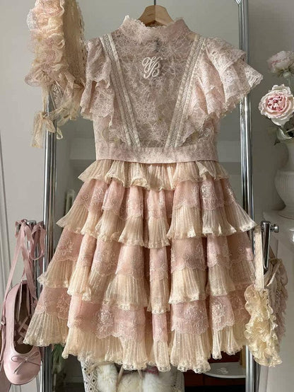 Tulle Details Skirt Beige Elegant Flower Embroidery with Pink Lolita Multi-Layered