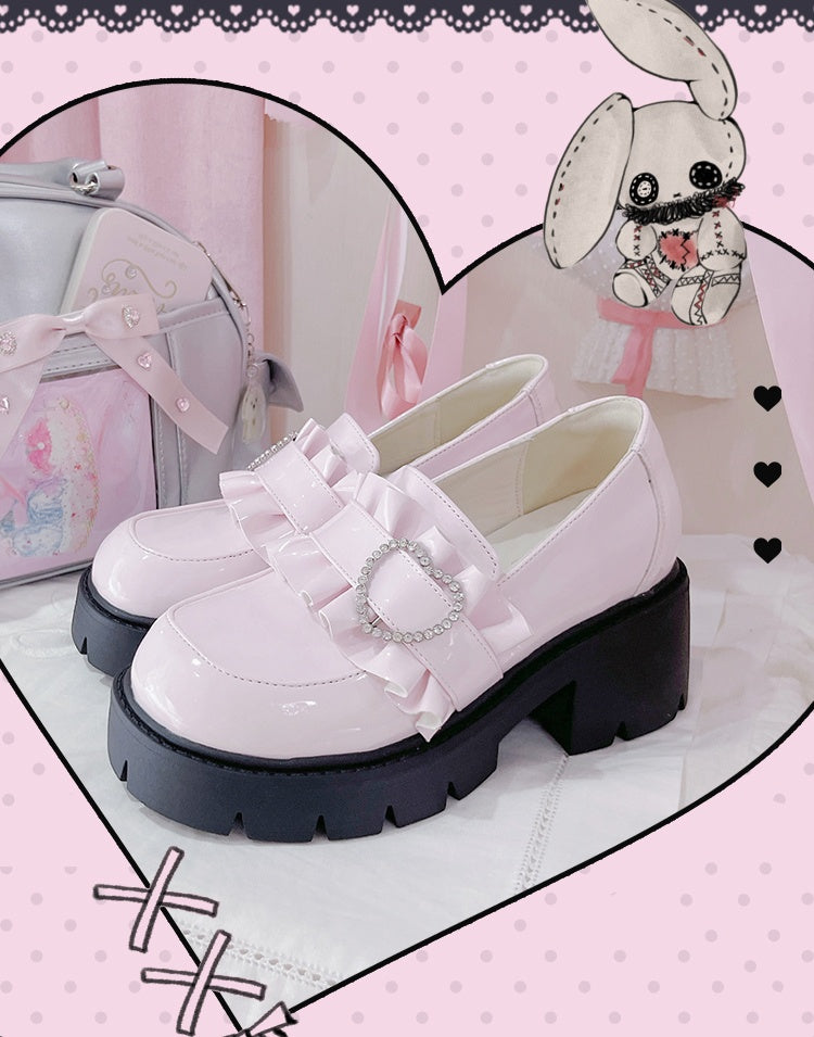 Shoes Jirai 6.5cm Pink Chunky Detail Kei with Loafers Beaded Heel Sweetheart Platform