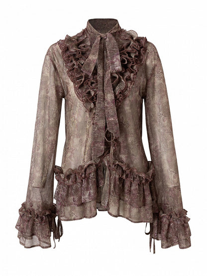 Pattern Ruffles Leopard Trim Sleeves Bell Shirt Purple