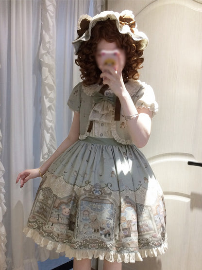 グリーンのスイートテディロリータドレスフェイクツーピースデザイン