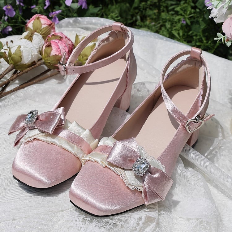 Gather Construction Details Lolita Mid Square Ankle Sweet Strap with - Pink Heels Toe Satin