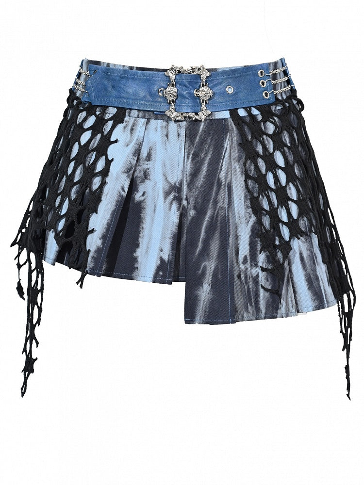Dye Grunge Asymmetrical Hem Tie PU Style Blue Punk Rock Fairy