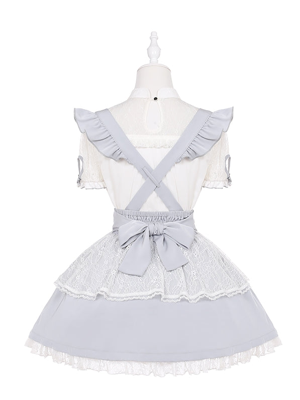 Ruffled Lace Trim Flutter Sleeves Kei Embellished Gray Bowknots Jirai Overalls