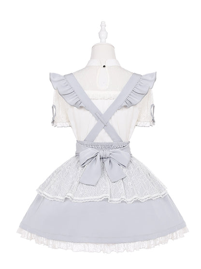 Ruffled Lace Trim Flutter Sleeves Kei Embellished Gray Bowknots Jirai Overalls
