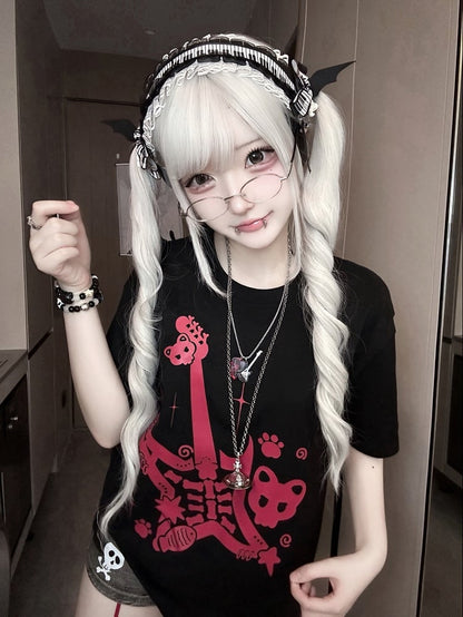 Red Guitar Print Rock Punk Black and Jirai Kei T-Shirt with Guitar Pick Necklace