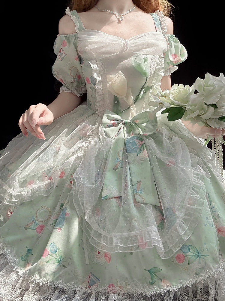 Green Elegant Tulip with Off-Shoulder Drawsting Tulle Overlay Print Lolita Dress