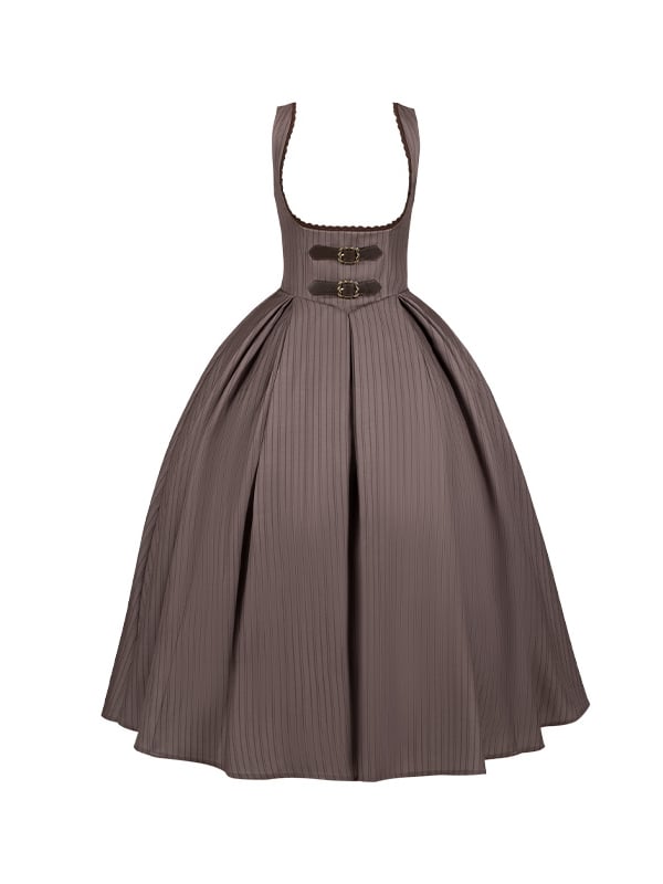 Robe Lolita classique élégante marron à rayures et taille basque sous la poitrine