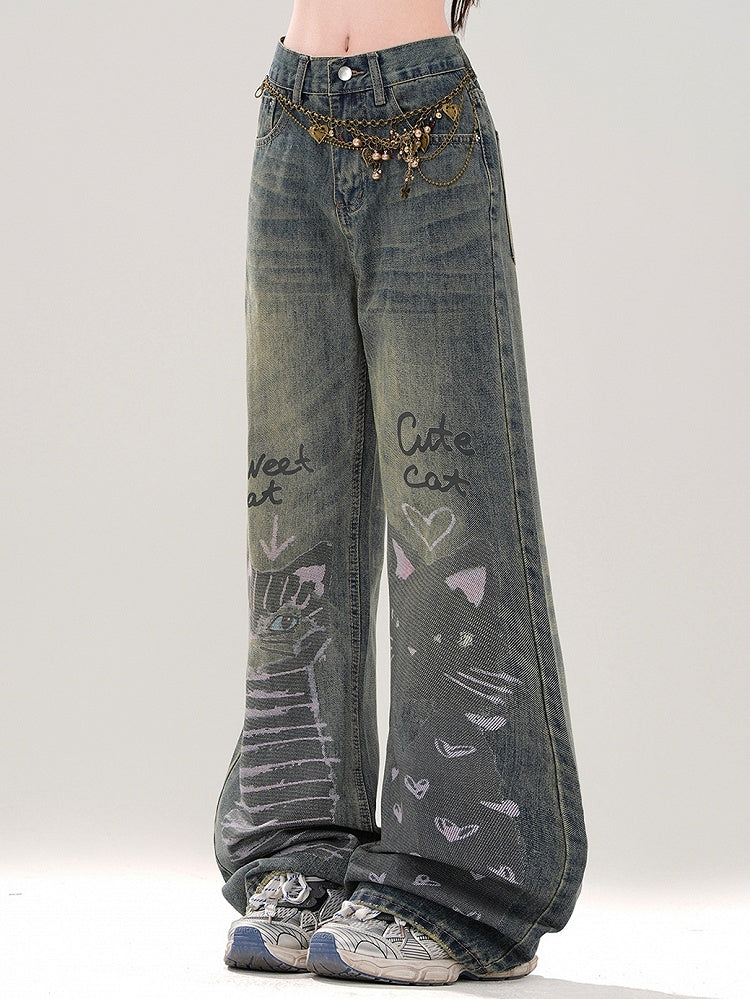 Denim Blue Cute Kitties Faded Wash Wide-leg Cut Jeans