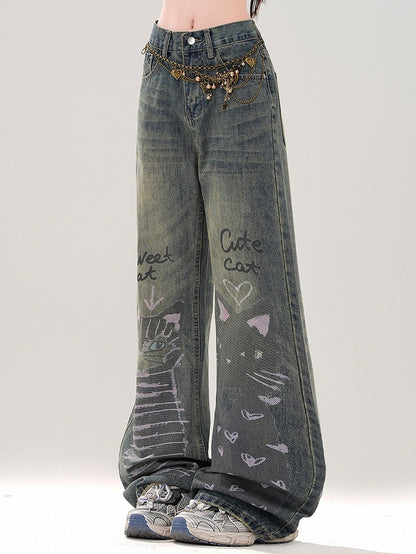 Denim Blue Cute Kitties Faded Wash Wide-leg Cut Jeans