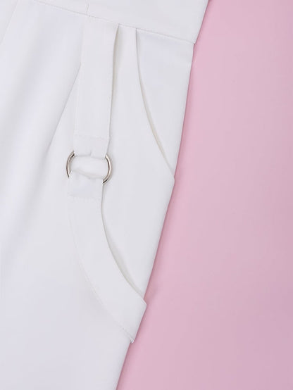 High-Rise White Ouji Pants with Buttons and Buckles - DevilInspired Exclusive Collection