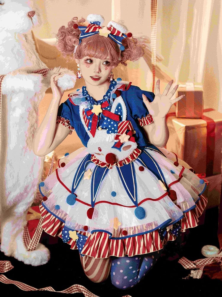 Lolita und Zirkus Pastell Clown Mieder Overalls Rotes Kleid Blau Dunkel Clowncore Bunny Fleece Süß