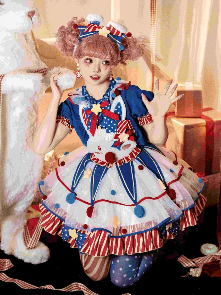 Fleece Clown Bunny Bodice Dark Blue and Red Circus Sweet Lolita Overalls Pastel Clowncore Dress