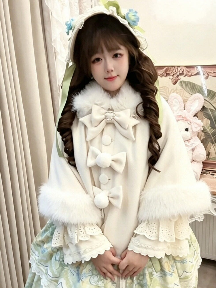 Velvet Lolita Cape in Sweet Beige with Detachable Fur Collar and Bow - Star Fantasy
