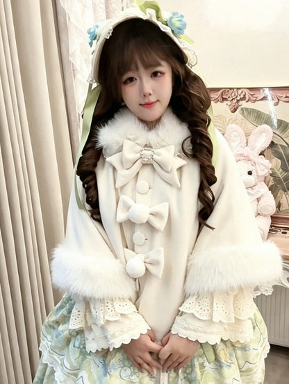 Velvet Lolita Cape in Sweet Beige with Detachable Fur Collar and Bow - Star Fantasy