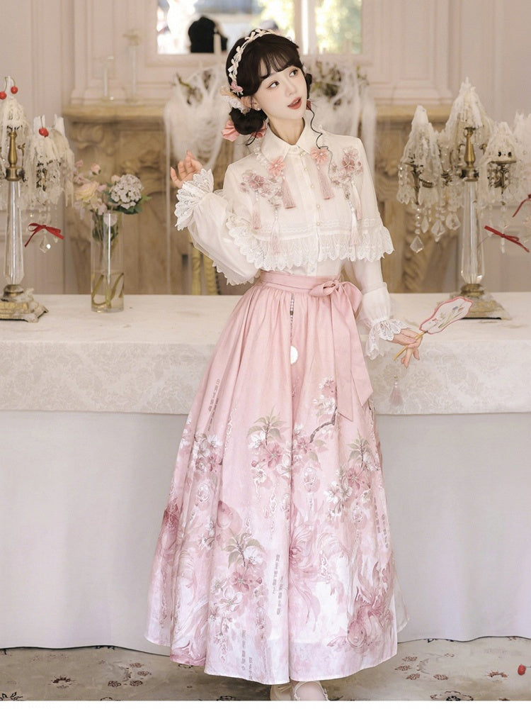 Pink and White Chinese-Style Long-Sleeved Top Set with Floral Print Skirt and Lace-Trimmed Chiffon Cape - Han Ru Chu Hanfu &amp; Han-Element Studi