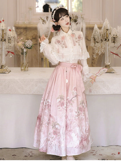 Pink and White Chinese-Style Long-Sleeved Top Set with Floral Print Skirt and Lace-Trimmed Chiffon Cape - Han Ru Chu Hanfu &amp; Han-Element Studi