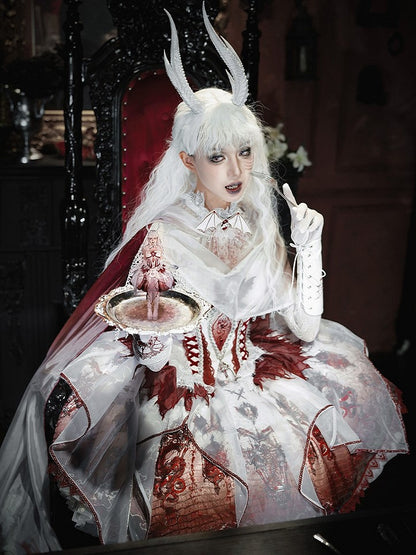 Red & White Bone Dragon Embroidery Halter Neck Gothic Lolita Dress Set - Ying Luo Fu