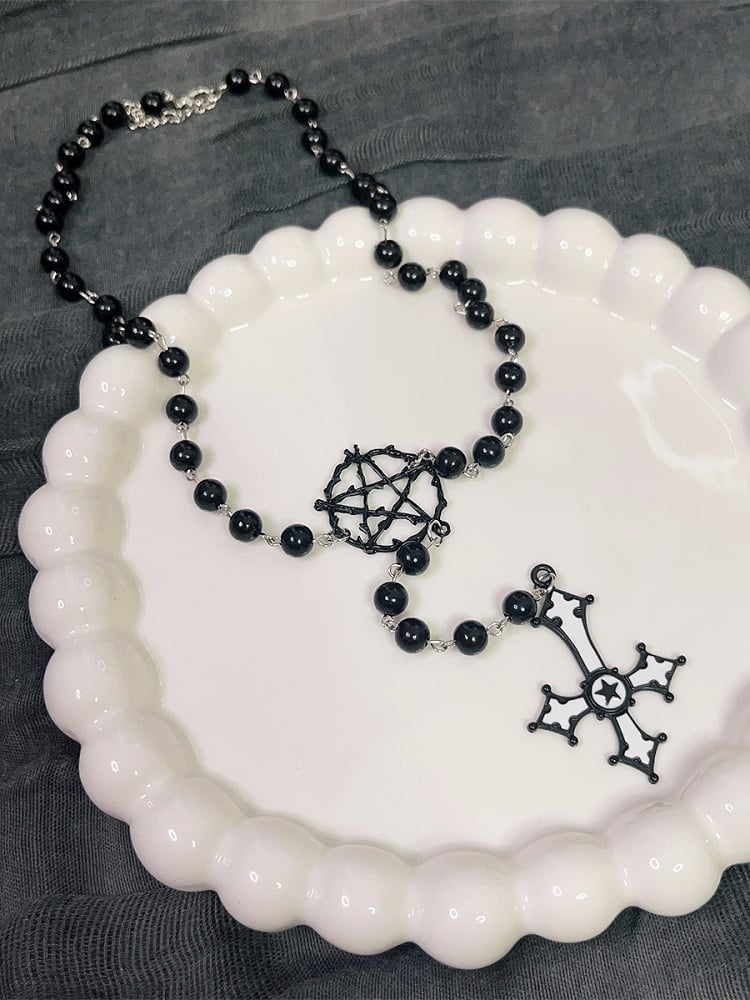 And Cross Beaded Pendant Necklace Black Pentagram