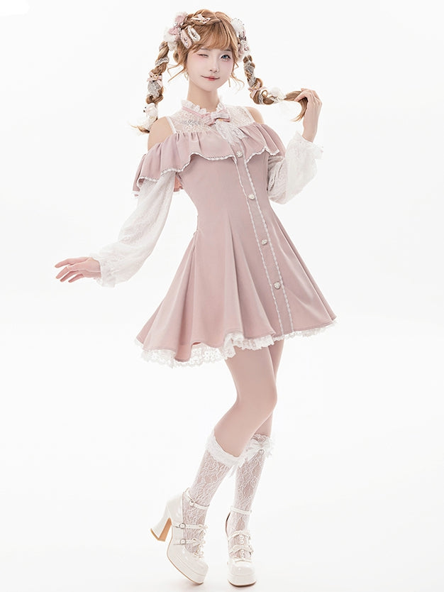 Rosa Illusionsausschnitt, ausgeschnittene Schulter, Jirai Kei-Kleid mit langen Ärmeln und Fliege