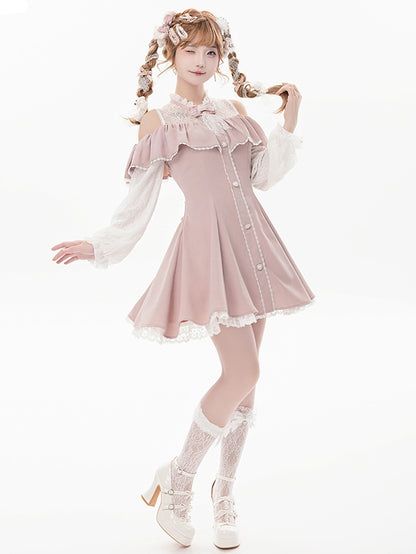 Rosa Illusionsausschnitt, ausgeschnittene Schulter, Jirai Kei-Kleid mit langen Ärmeln und Fliege