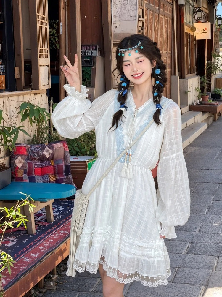 Version White V-Neck Lace Trim Dress with Tassel Drawstring Design Regular/Long