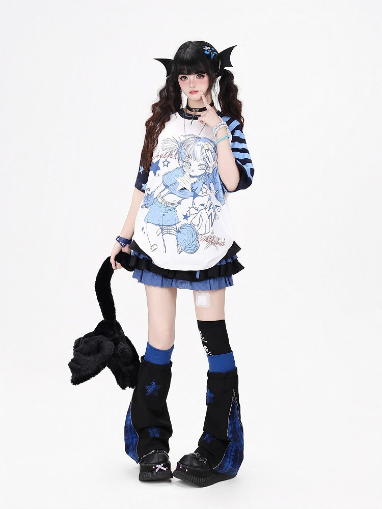 Otaku Kawaii Star-Stripe Tee with Anime Girl Graphic, Blue White - CRAZY GIRL