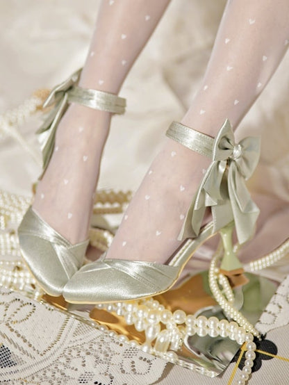 Toe Elegant Satin Heart Buckle Green High-heel with Delicate Bow in Shoes Pointed Light