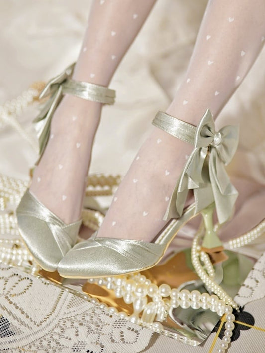 Toe Elegant Satin Heart Buckle Green High-heel with Delicate Bow in Shoes Pointed Light