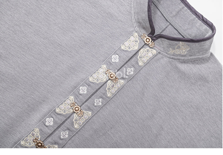 Gray Cheongsam Style Banded Collar Long-Sleeve Top