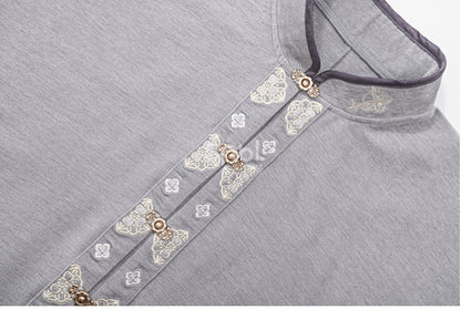 Graues Oberteil im Cheongsam-Stil mit Stehkragen und langen Ärmeln