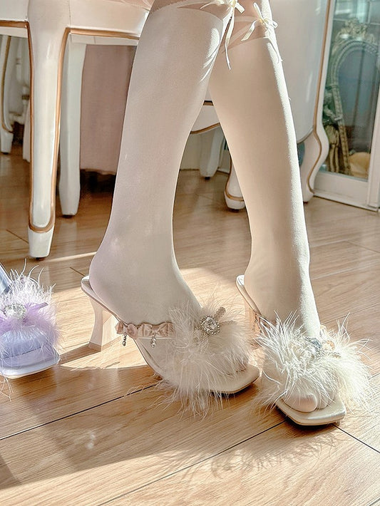 Accents Rhinestone Charm Sandals Sweet with Beige Plush Lolita