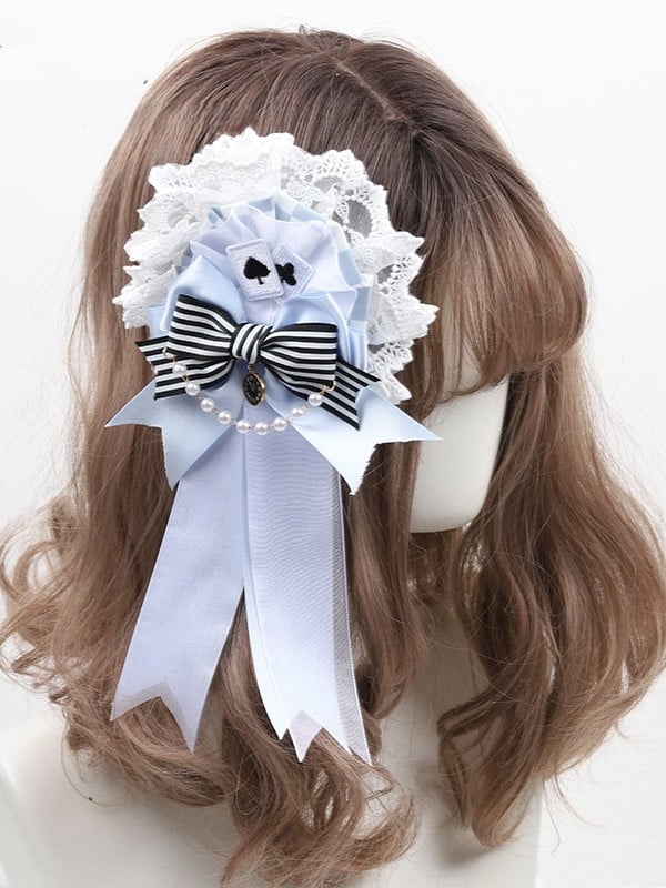 White with Striped Black Bow and Blue Chain Ribbon Hairclip Lolita Bead