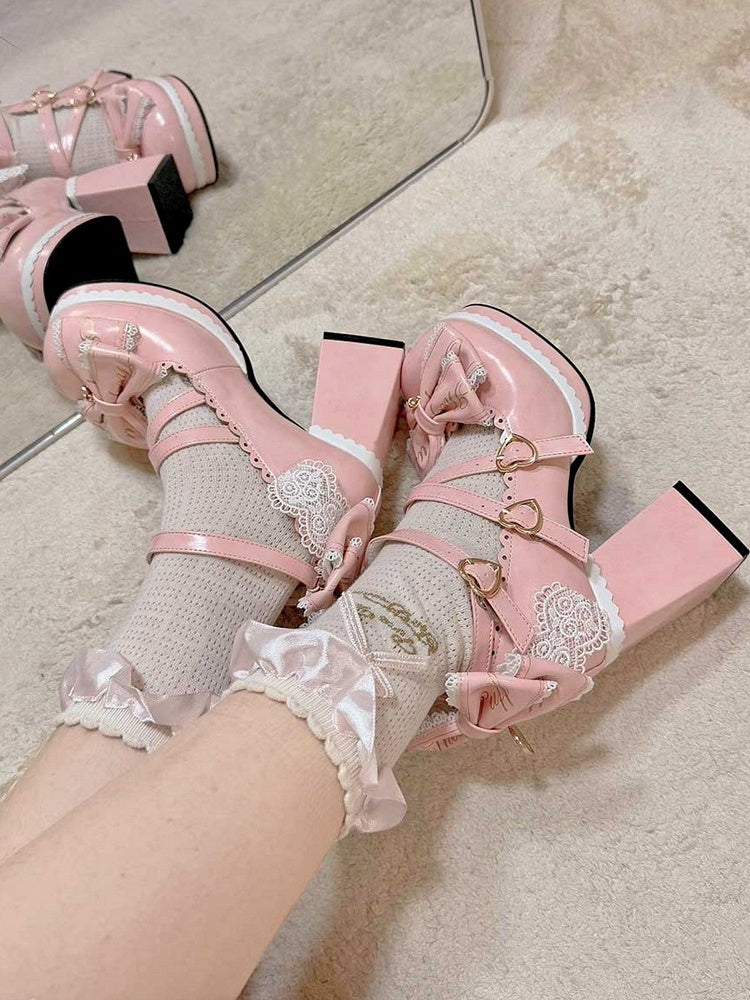 Block Bow Crisscross High Heels Buckles at Detachable Heart Design Pink Top