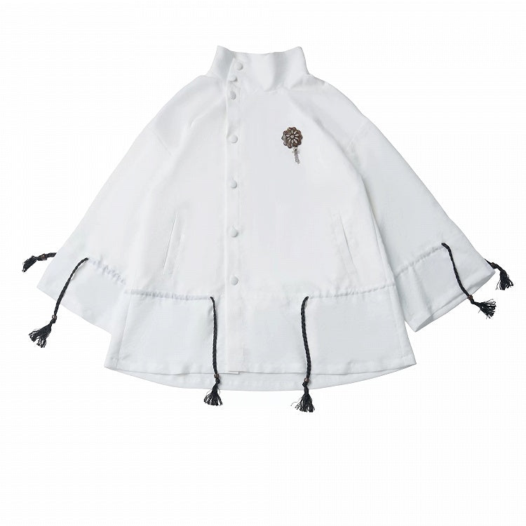 White Stand Collar Long Sleeve Top with Drawstring Design, Asymmetric Placket & Lotus-Root Brooch - PINK SAVIOR