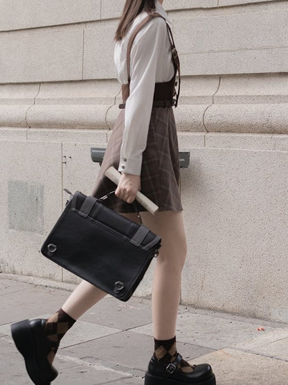 ホワイトリアクションスカート シャツ サスペンダー ブラウンオーバーオール 探偵マイラール プレッピー/チェック柄 リトル