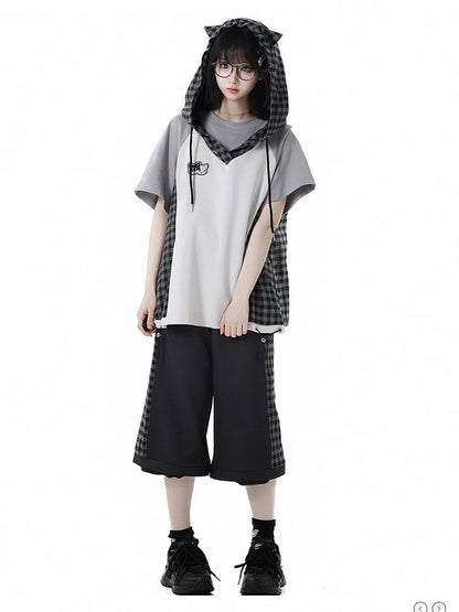 Techwear T-Shirt Plaid Patchwork Design Wolf Stickerei Wolf Ohren Kapuze Grau