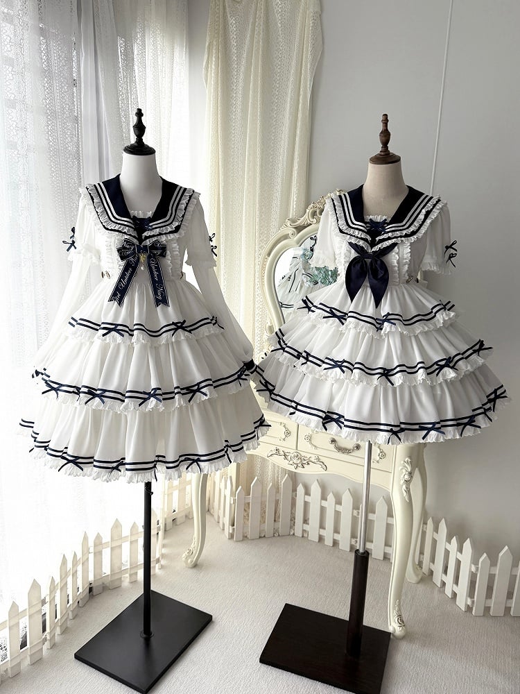 Komplettes Matrosen-Lolita-Rock-Set, Sommerkleid, gestuft, weiß, OP