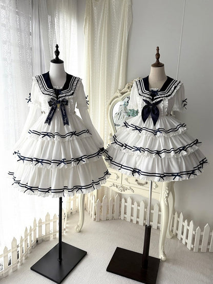 Komplettes Matrosen-Lolita-Rock-Set, Sommerkleid, gestuft, weiß, OP