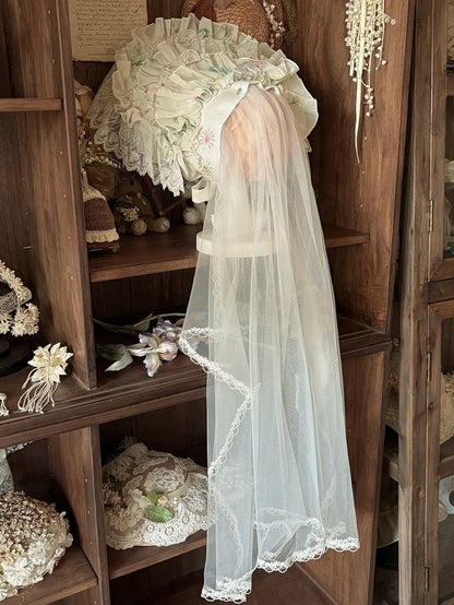 White Lace Trim Floral Print Lolita Bonnet with Veil - Sleepless Star