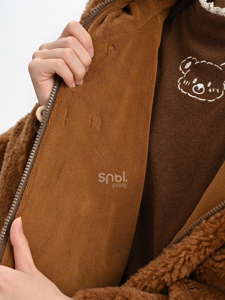 茶色のかわいいカピバラのフード付きジップ開閉フリースフード付きケープ