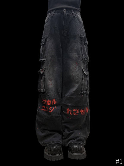Rock Print Cargo Style Dark with Gray - Wide-Leg Graphic Y2K Jeans Punk Red