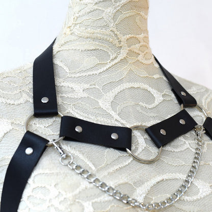 ブラックサイバーパンクPUストラップチェーンハーネス