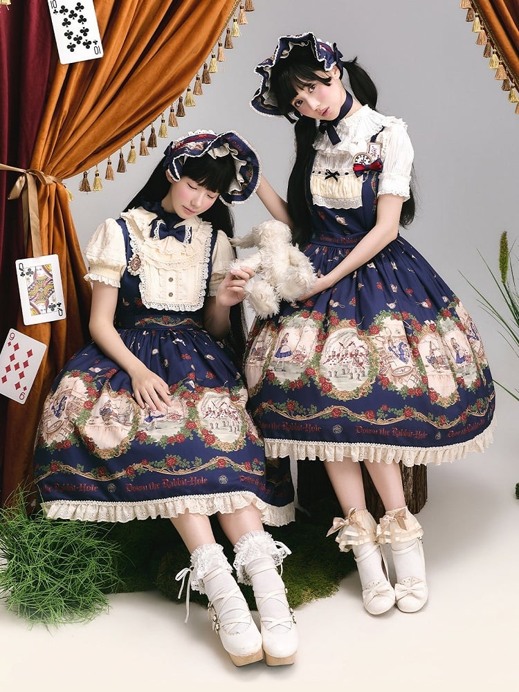 Wonderland Alice Floral Print Dark Blue Lolita JSK Lace - Stars Fall on the Foggy Island