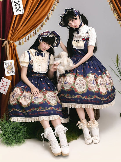 Wonderland Alice Floral Print Dark Blue Lolita OP Puff Sleeves - Stars Fall on the Foggy Island