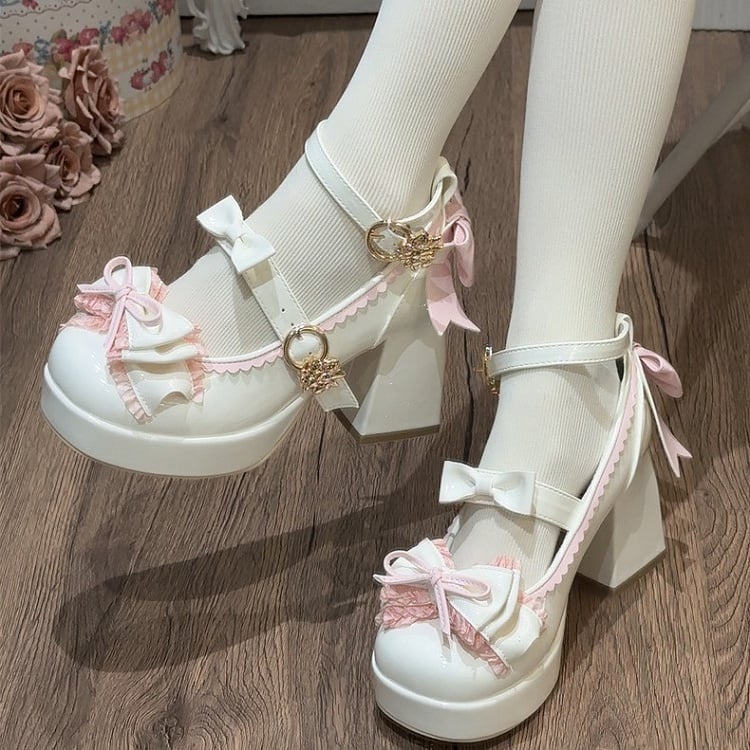 Bow White Height and Lolita Pink Elegant Ankle 8cm Strap Accents with Heel