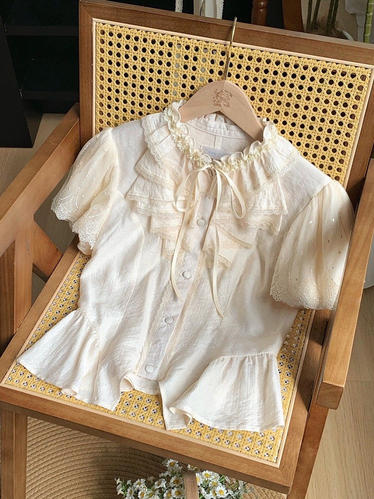 Sleeves Puff Ruffle Comfortable Short Breathable and Neckline Beige Shirt