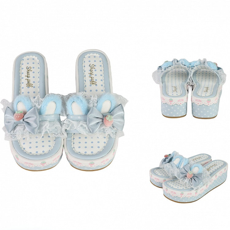 Lolita Trim Bunny Accents Blue Bow Lace Sweet Platform Plush Slippers Ear